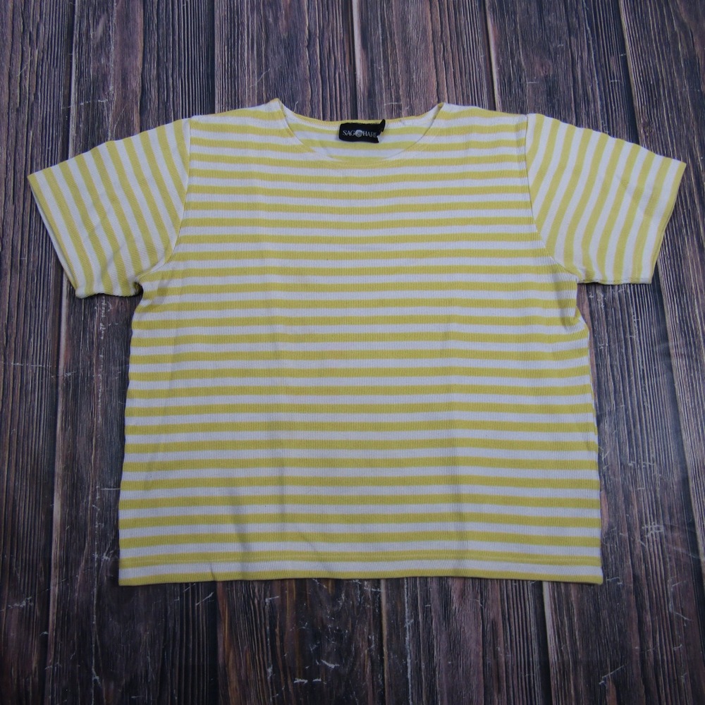 Sag Harbor Knit Top‎ Women Large Yellow White Striped Ribbed Grannycore Tee